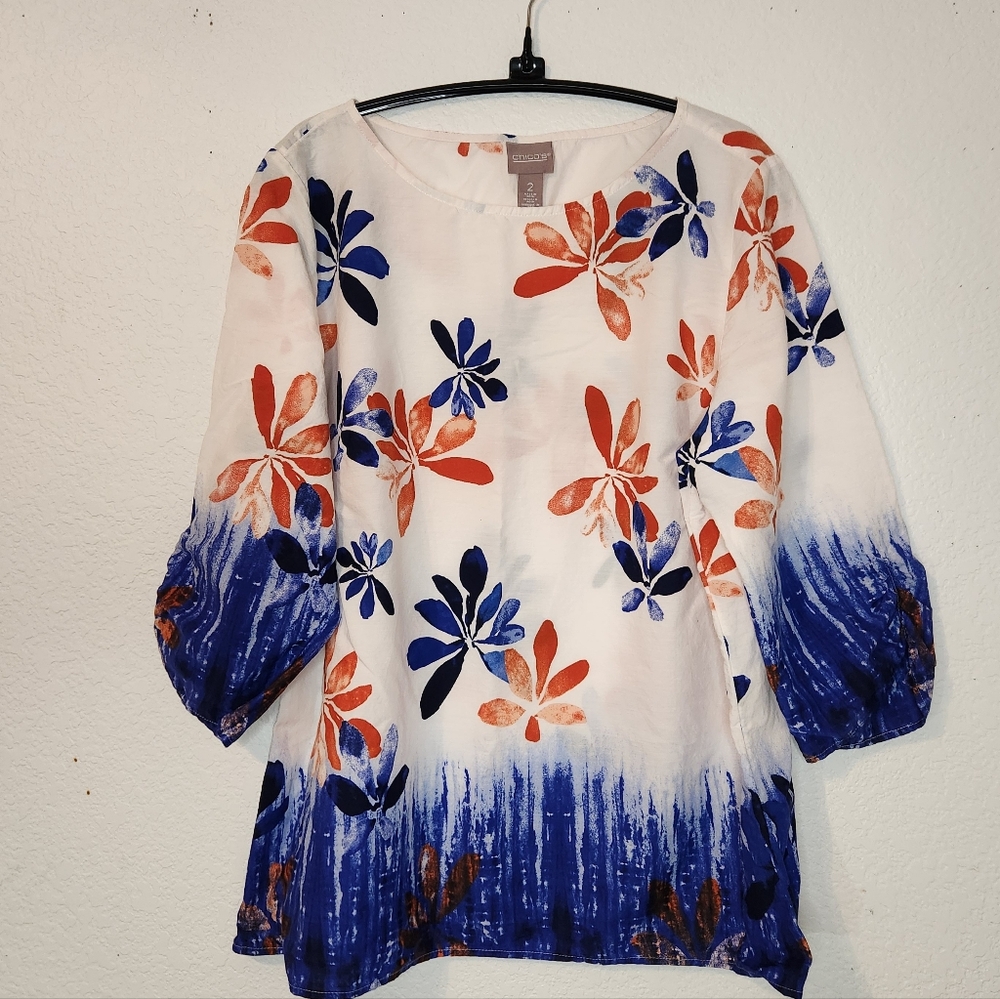 Chico's White‎ and Blue Floral Blouse, Size 2 (L)